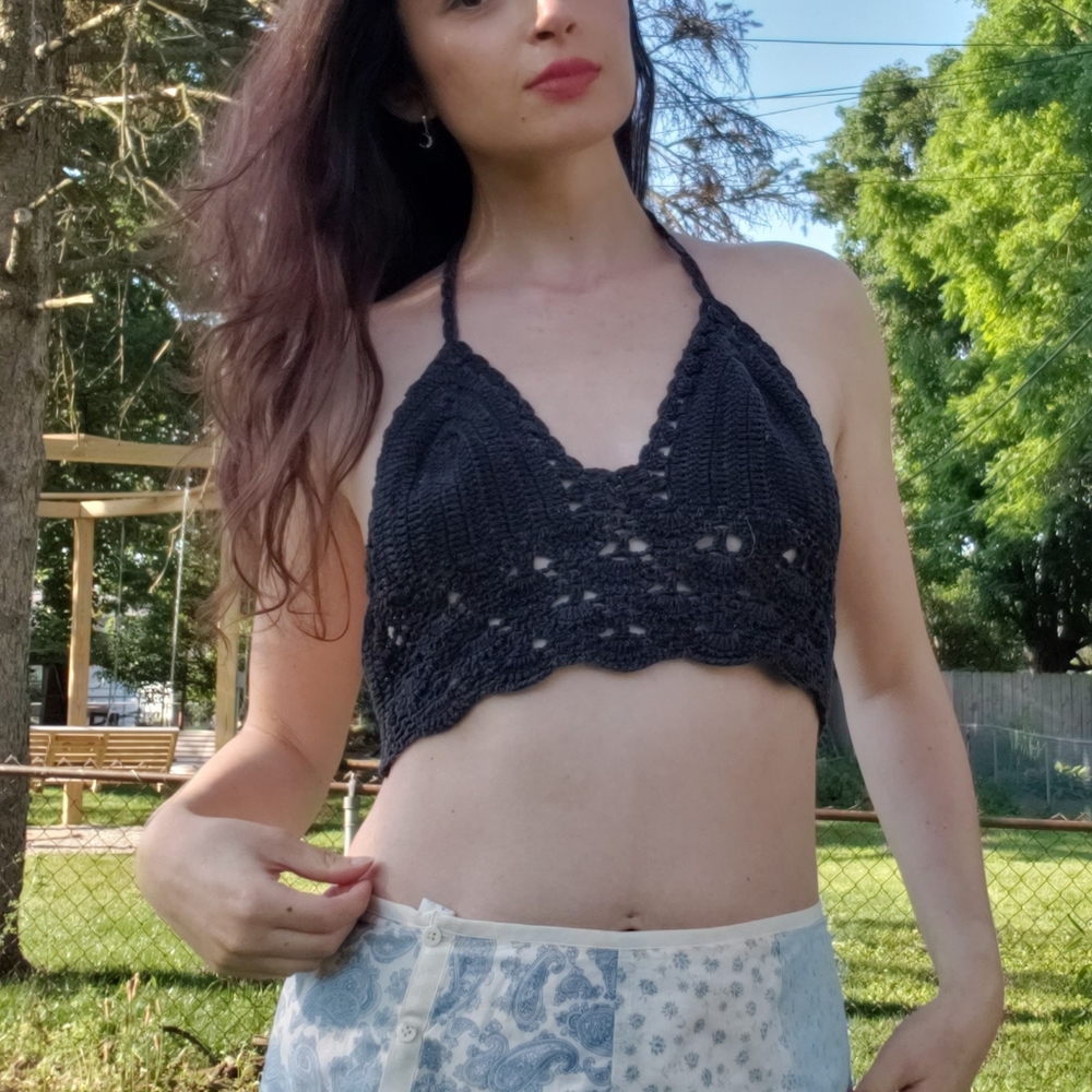 Crochet Black Crop Top from Bali | Size S 4-6